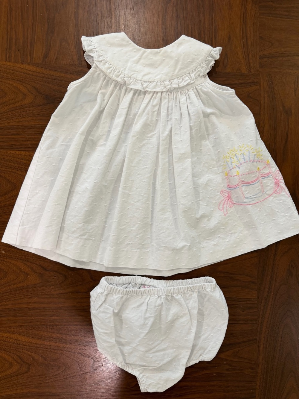 Sophie and Lucas White Baby Dress & Bloomers with Pastel Cake Embroidery 18m